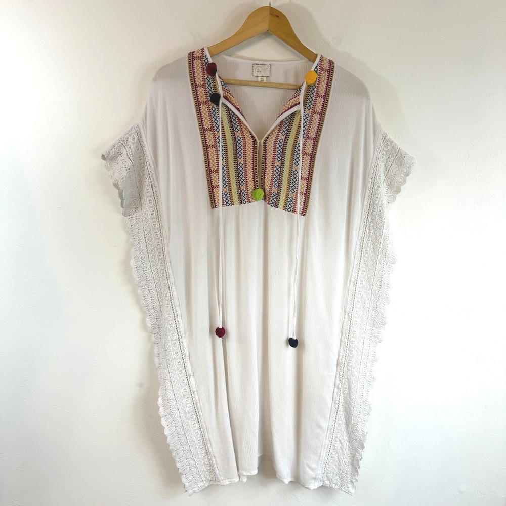 Anthropologie White Crochet-Trim Kaftan Coverup with Multicolor Embroidery